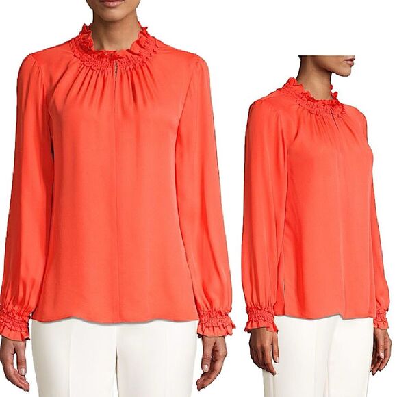 Kobi Halperin 100% Silk Orange Salene Smocked Long Sleeve Blouse Size Large - Picture 1 of 11